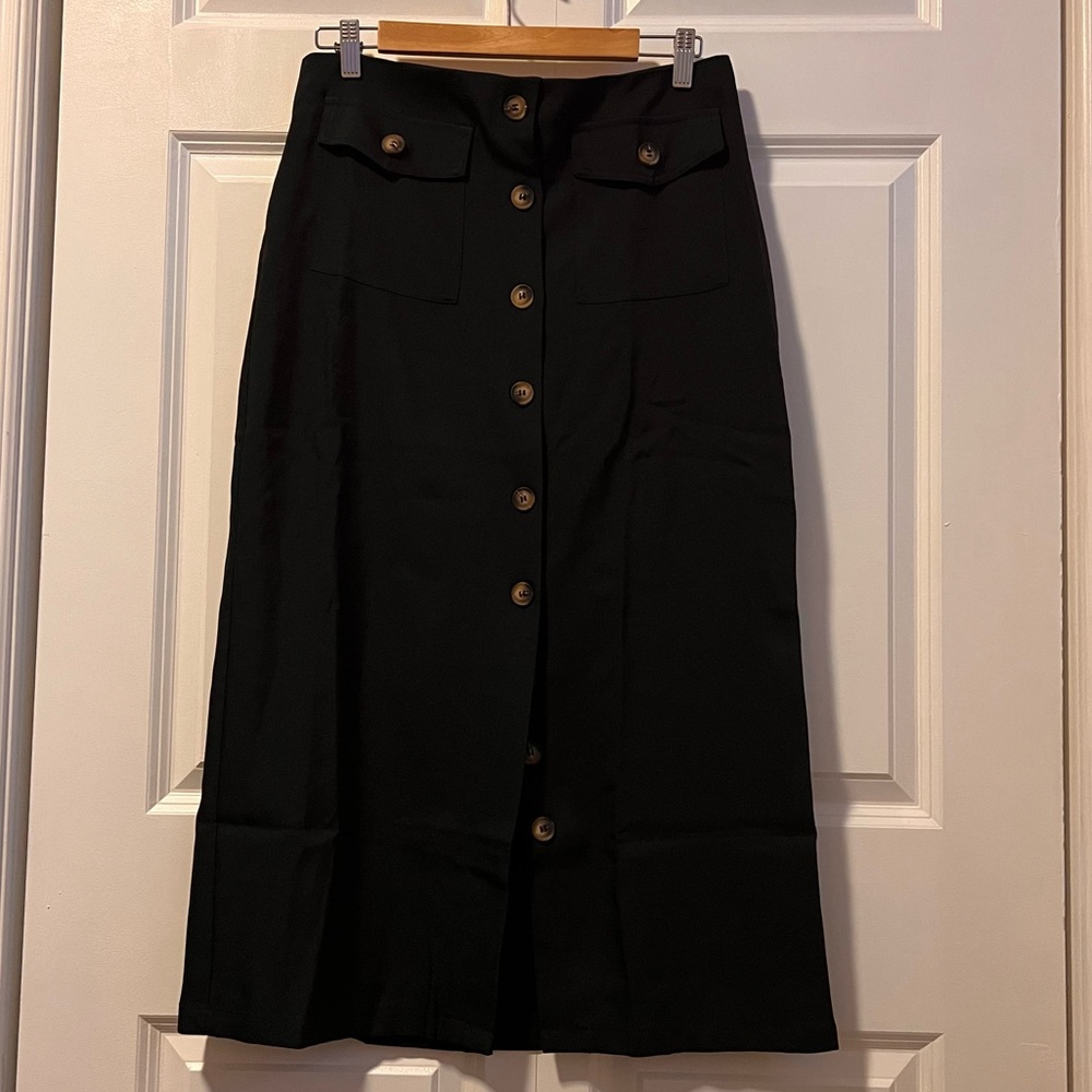 Black Button Down Midi Skirt L
